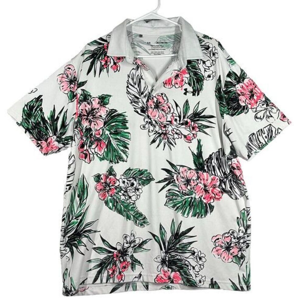 Under Armour Mens XL The Playoff Polo‎ Shirt Tropical Floral Golf Short Sleeve